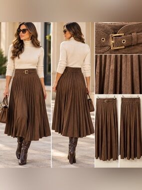 Laffaire Los Angeles Brown Suede Look Pleated Midi Skirt Belted XS